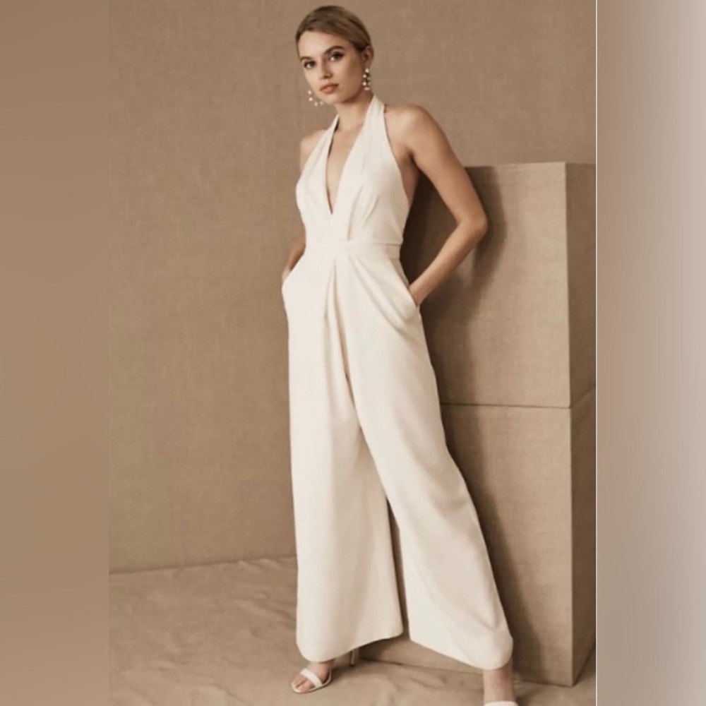 BHLDN JILL STUART CHAMPAGNE SPARKLE HALTER NECK MARA JUMPSUIT